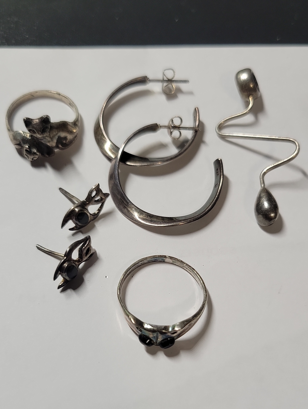 Sterling Silver Hoop Earrings and Accent Rings - Black Stone Accents